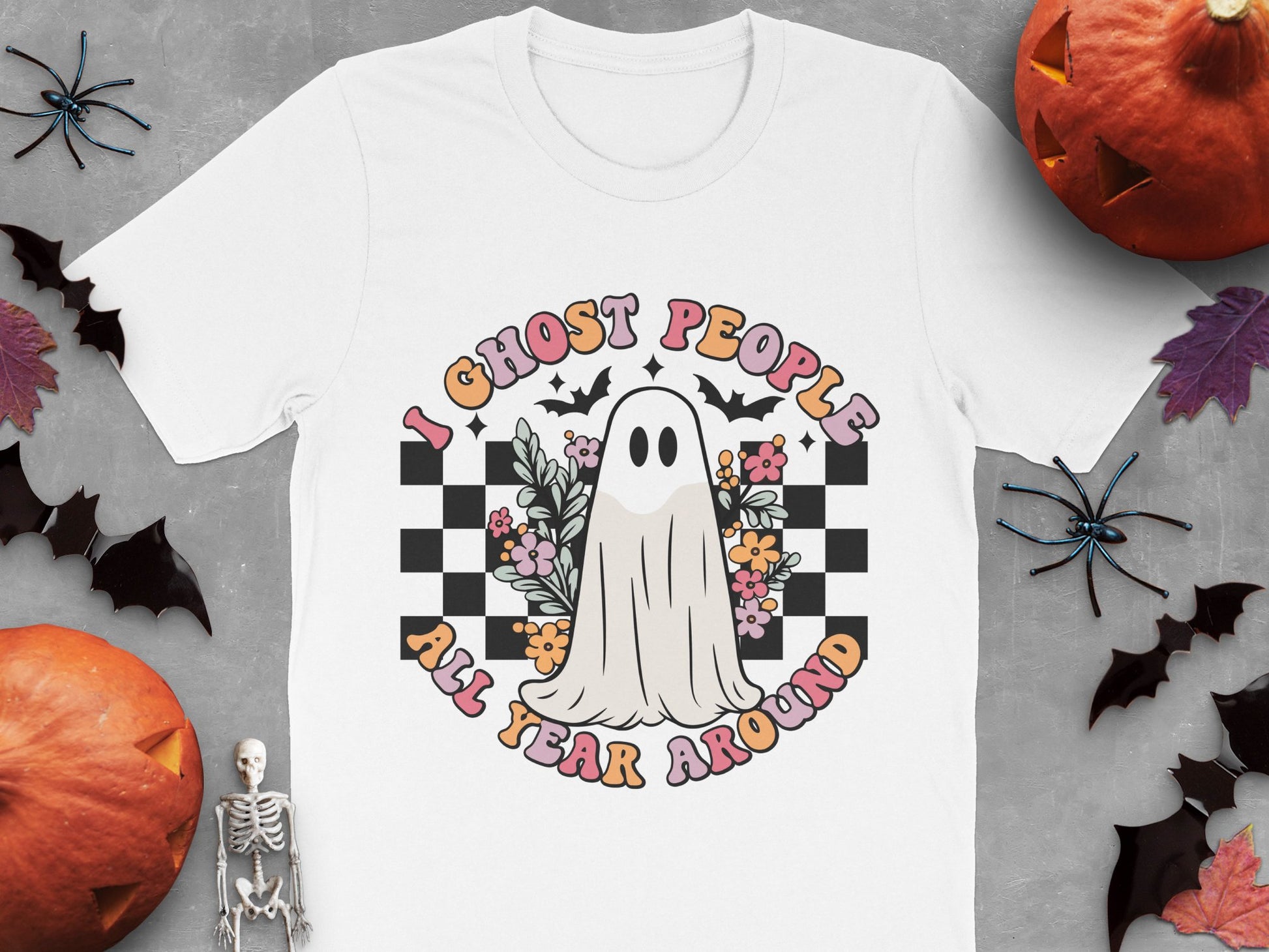 Ghost People All Year Round T-Shirt, Halloween Spooky Tee, Checkered Floral Graphic Shirt
