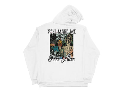 Vintage Skeleton Graphic Hoodie, 'You Make Me Feel Alive' Text, Floral Design, Unisex Sweatshirt